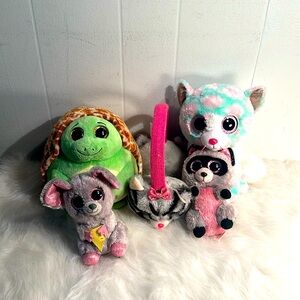 LOT OF 5 TYSILK PLUSH OPAL CAT BEANIE BALL TURTLE CAT EAR MUFFS & 2 BEANIE BOOS